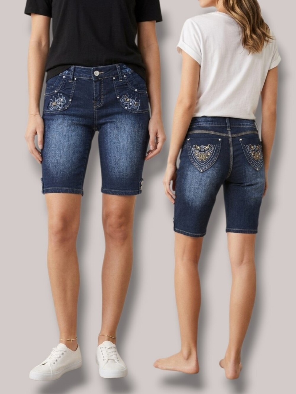 Women's Dark Wash Low-Rise Embellished Denim Bermuda Shorts
